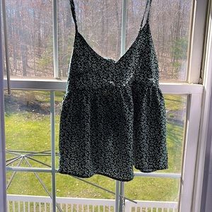 Green shirt with white vine print, elastic bust line, spaghetti strap